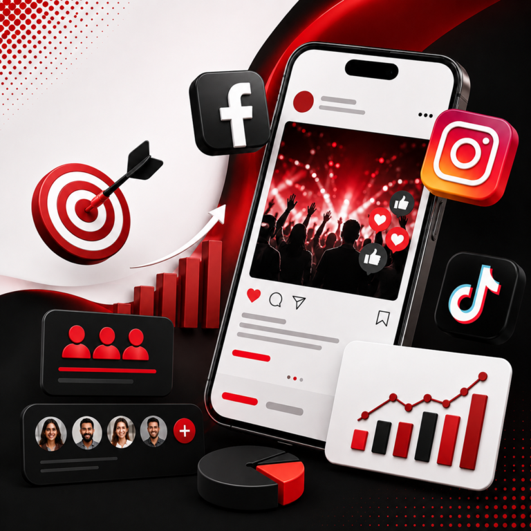 “3D social media marketing graphic with smartphone, social media icons, engagement analytics, and audience growth visuals.”