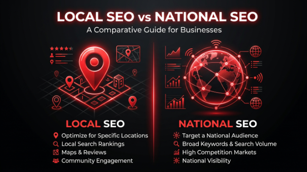 Monthly SEO Packages comparison showing Local SEO vs National SEO strategies for business growth and search visibility.