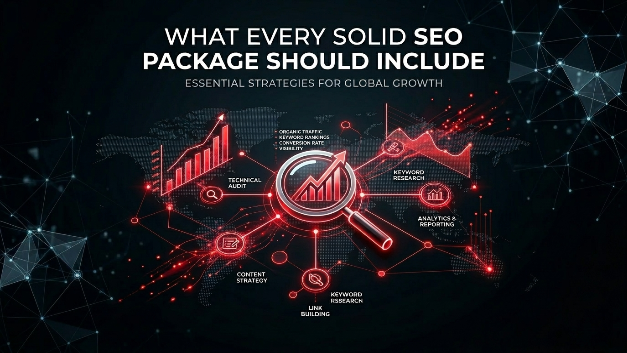 Monthly SEO Packages infographic showing keyword research, technical SEO, content strategy, and analytics reporting.