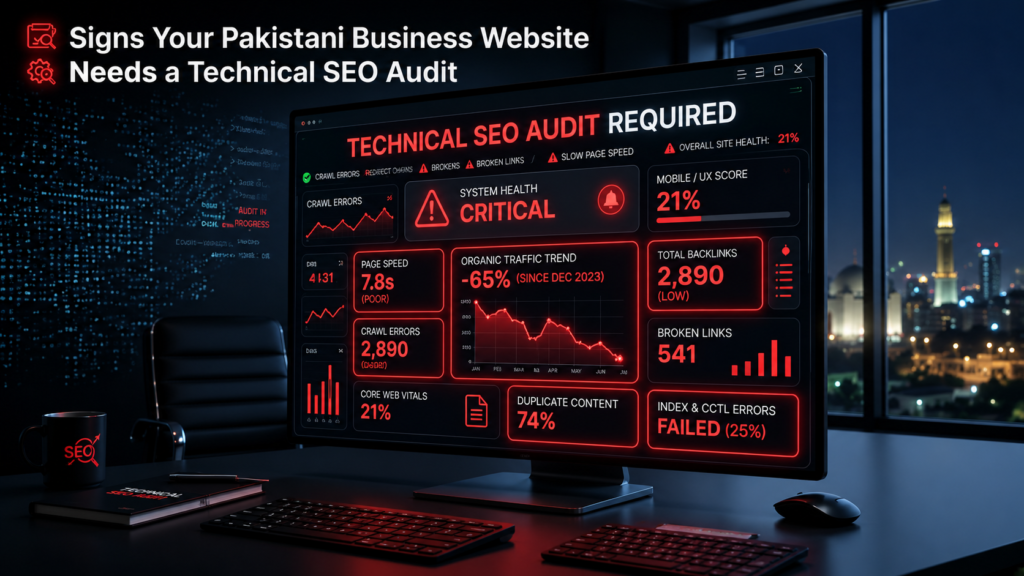 "Technical SEO Audit identifying crawl errors, page speed issues, and website health problems"