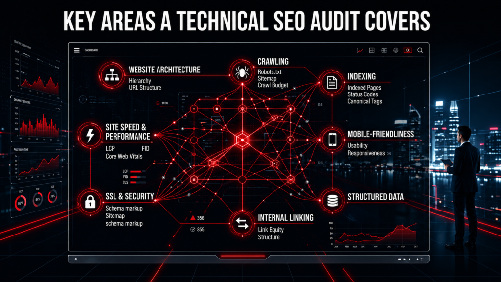 "Technical SEO Audit covering website architecture, crawling, indexing, and Core Web Vitals"